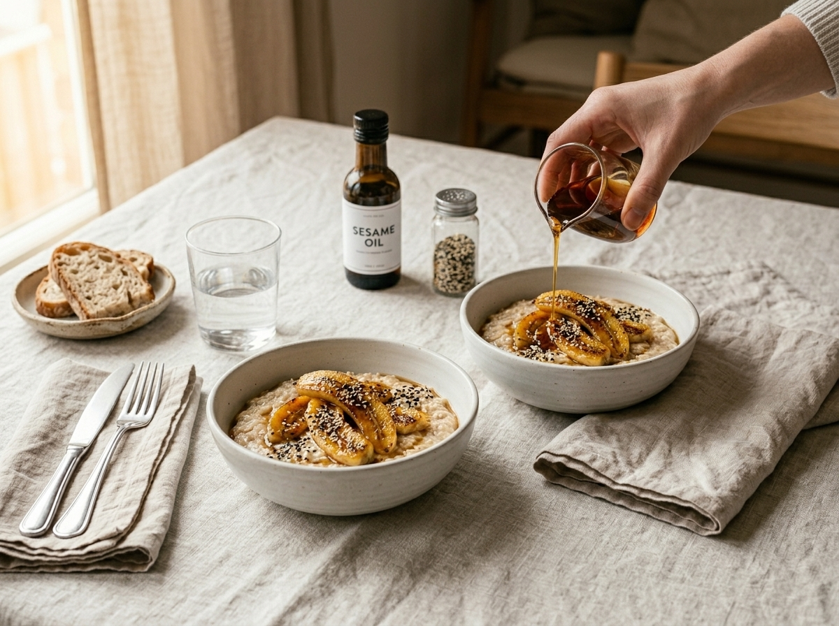 Two bowls of sesame banana porridge on a wooden table with maple syrup drizzle and sesame oil bottle nearby