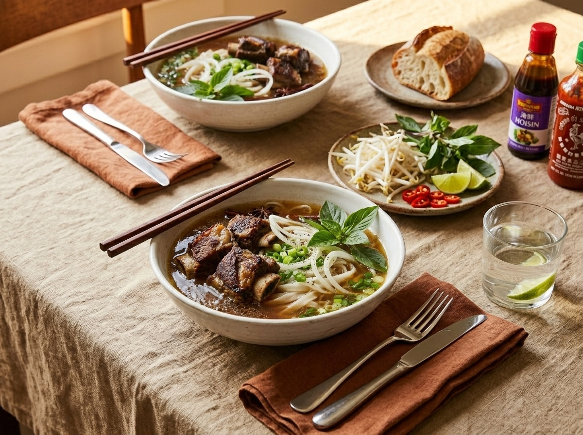 Two bowls of beef short rib pho on a linen table with garnish plates of bean sprouts, Thai basil, and lime wedges