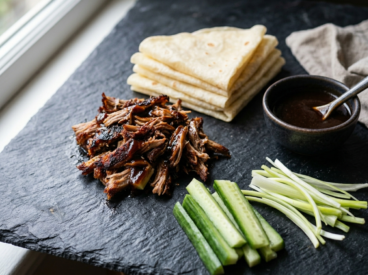 Crispy duck pancakes with hoisin sauce, cucumber batons, and spring onions on a dark slate plate