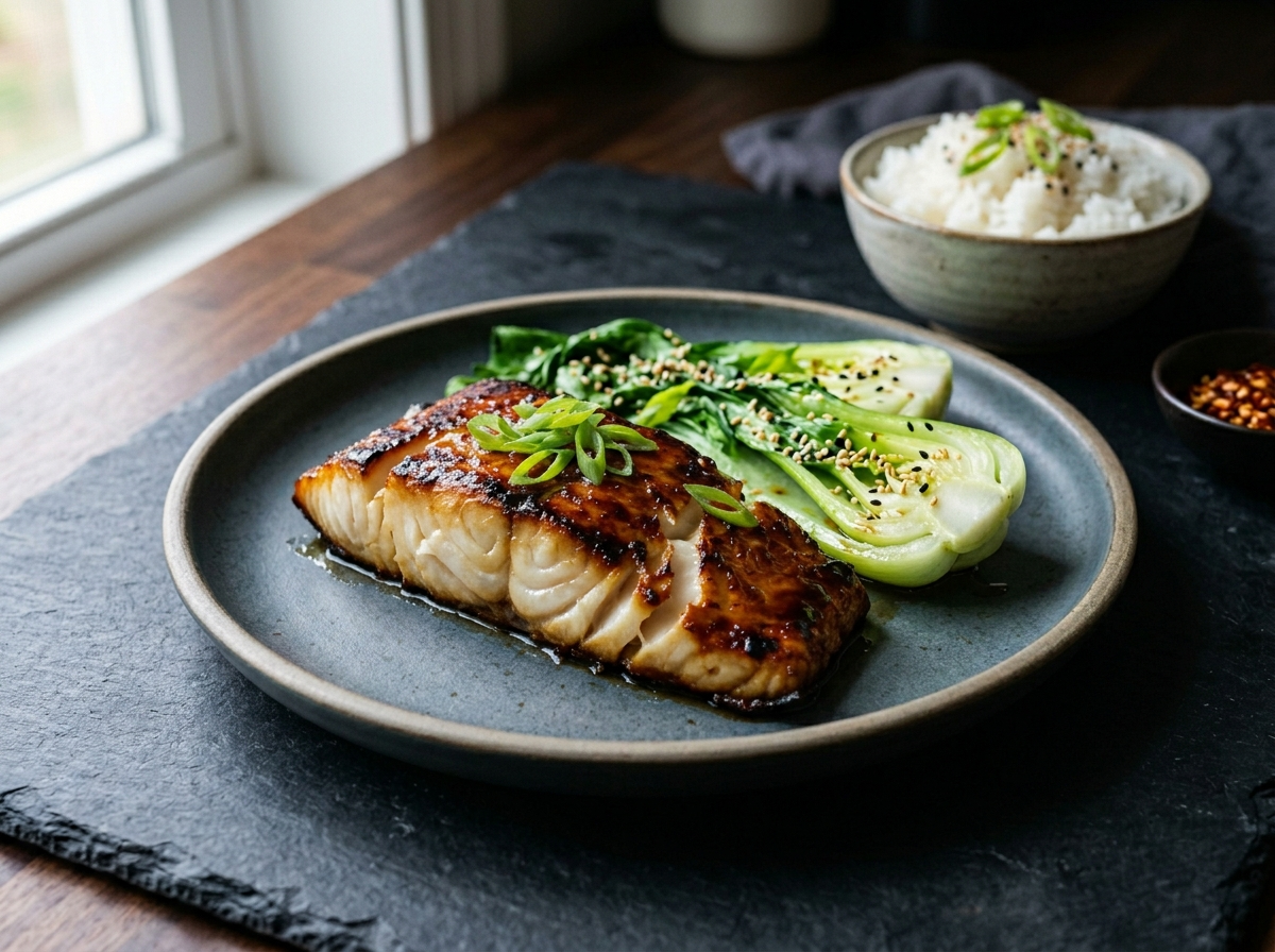 Miso glazed black cod fillet with caramelized glaze on a ceramic plate with sauteed baby bok choy and sesame seeds