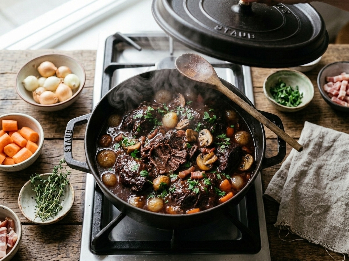 Beef cheeks braising in red wine and beef stock inside a covered Dutch oven, steam visible with wooden spoon resting on the rim