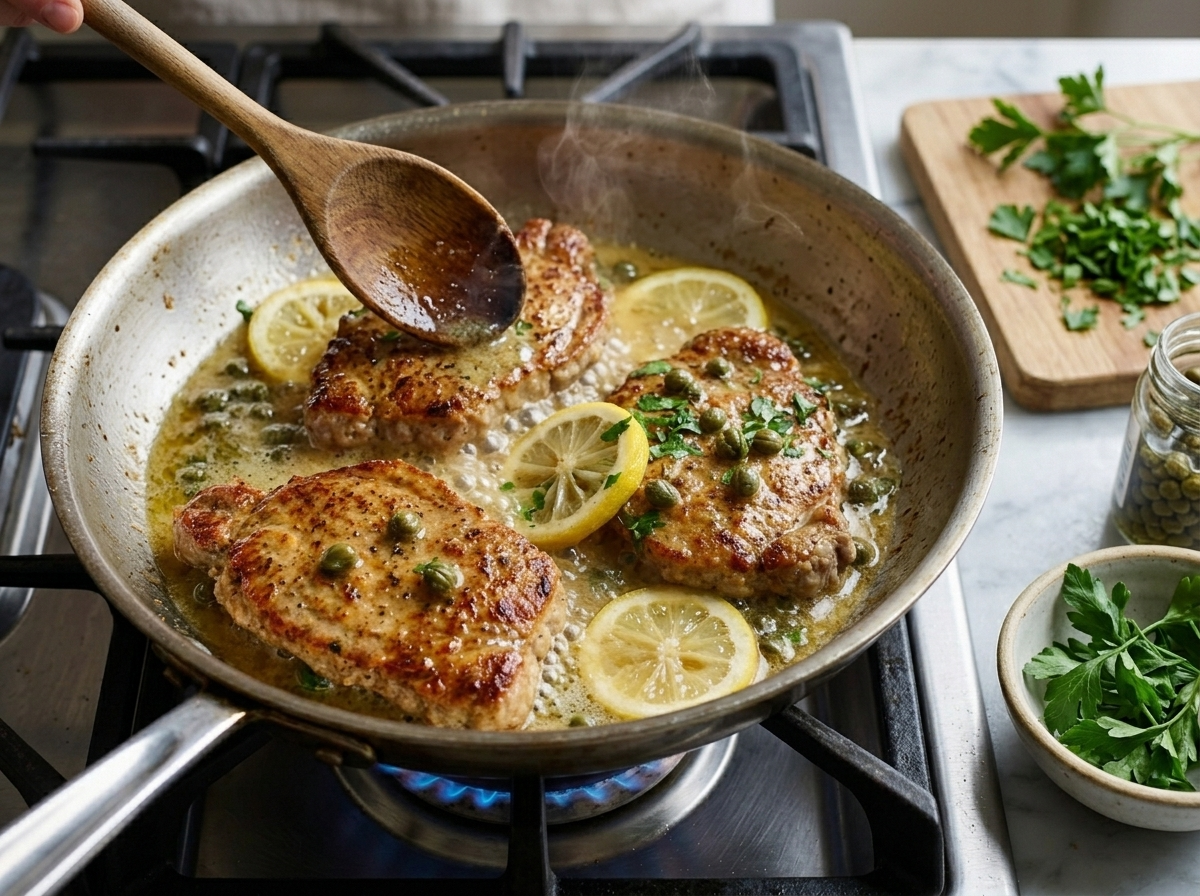 Lemon-caper butter sauce simmering in a stainless skillet with visible capers and lemon slices being stirred