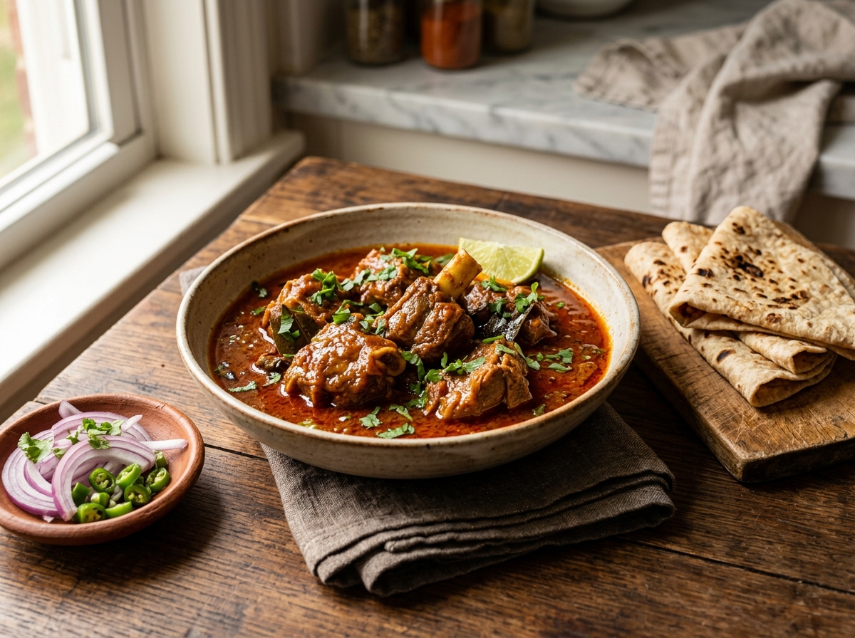Spiced goat curry in a shallow bowl with bone-in pieces, glossy red sauce, and soft roti on a wooden board