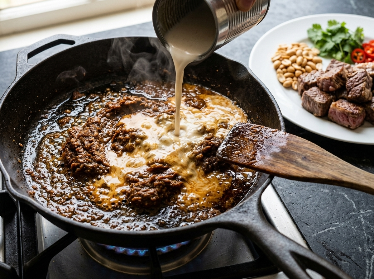 Massaman curry paste frying in cast-iron skillet with coconut milk being poured in, steam rising