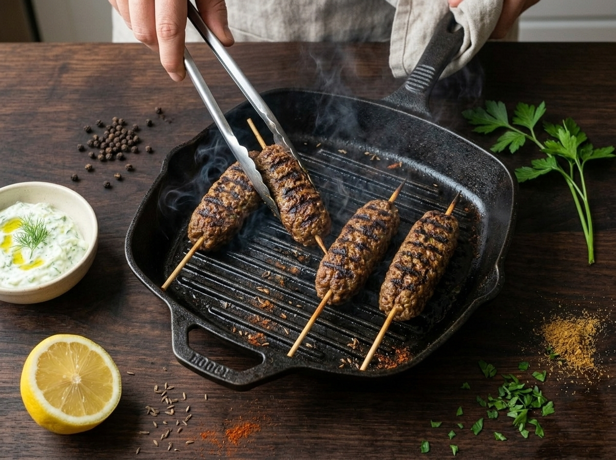 Beef koftas cooking on a cast-iron grill pan with visible cumin spice crust and grill marks forming