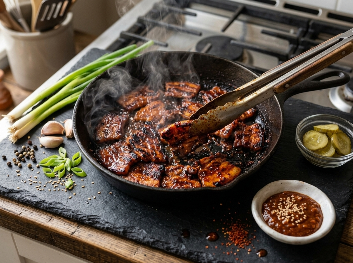 Thin gochujang-marinated pork belly slices searing in a cast iron skillet with caramelized charred edges