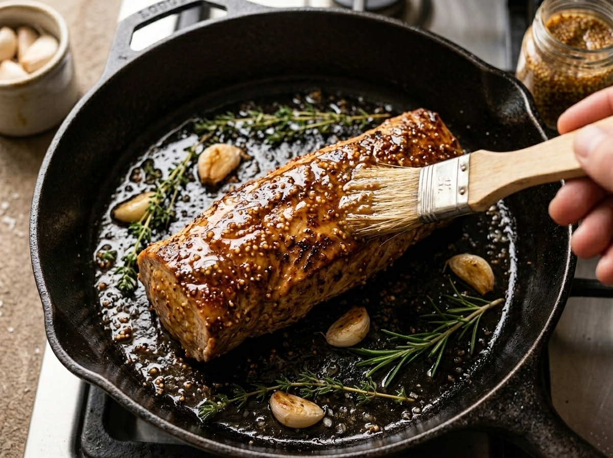 Brushing honey mustard glaze onto seared pork tenderloin in a cast iron skillet on the stovetop