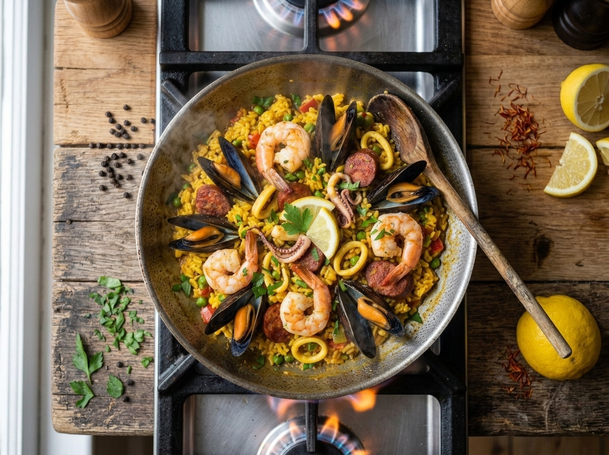 Mussels opening and shrimp turning pink in saffron rice inside a wide skillet on a gas stovetop.