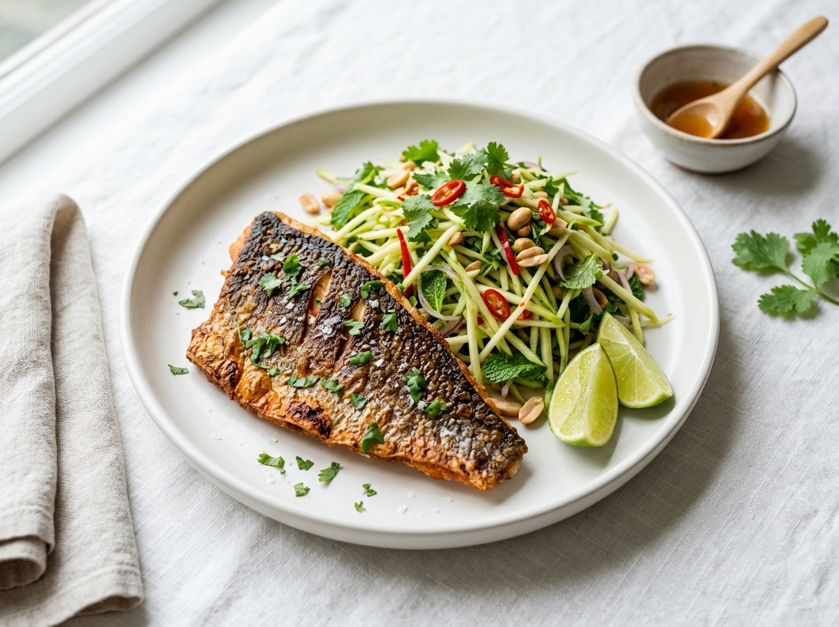 Crispy skin red snapper fillet on a white plate with green mango and herb salad, lime wedges, and sliced chili