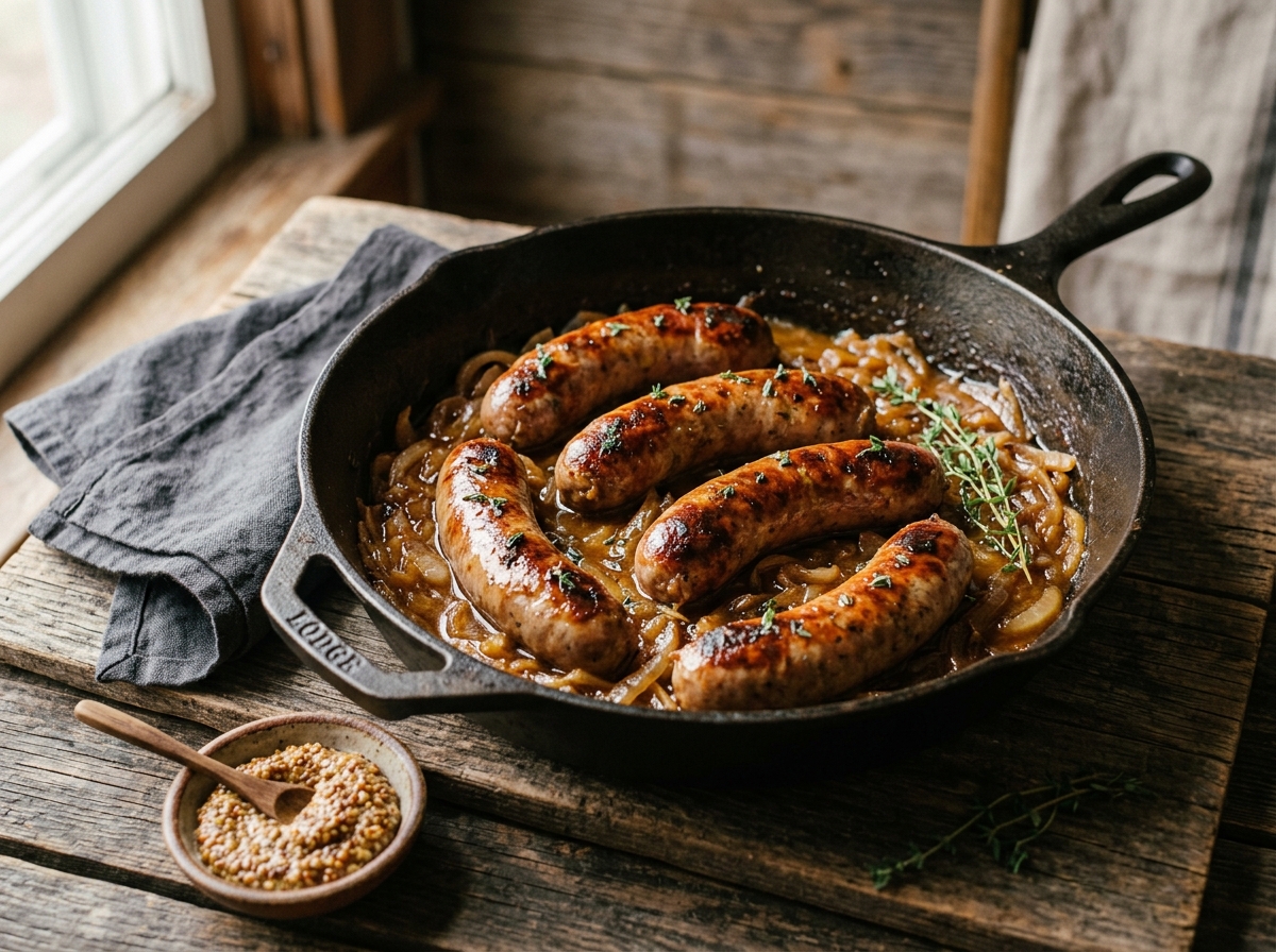 Beer braised bratwurst with caramelized onions in a cast iron skillet, glossy amber sauce and thyme