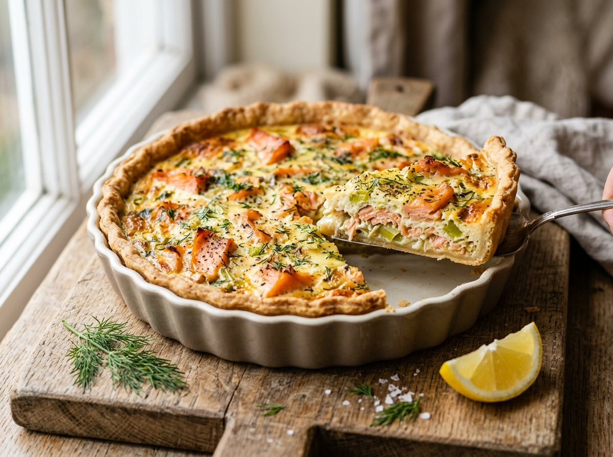 Smoked salmon and leek tart in a fluted tin on a wooden board with dill and lemon, one slice lifted