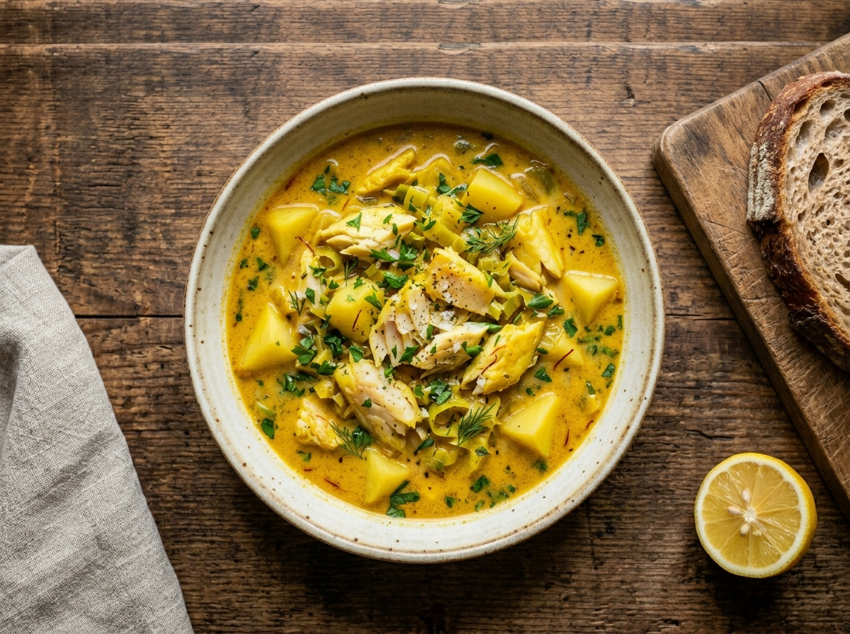 Deep bowl of smoked haddock and saffron chowder with flaky fish, potato chunks, and golden cream broth