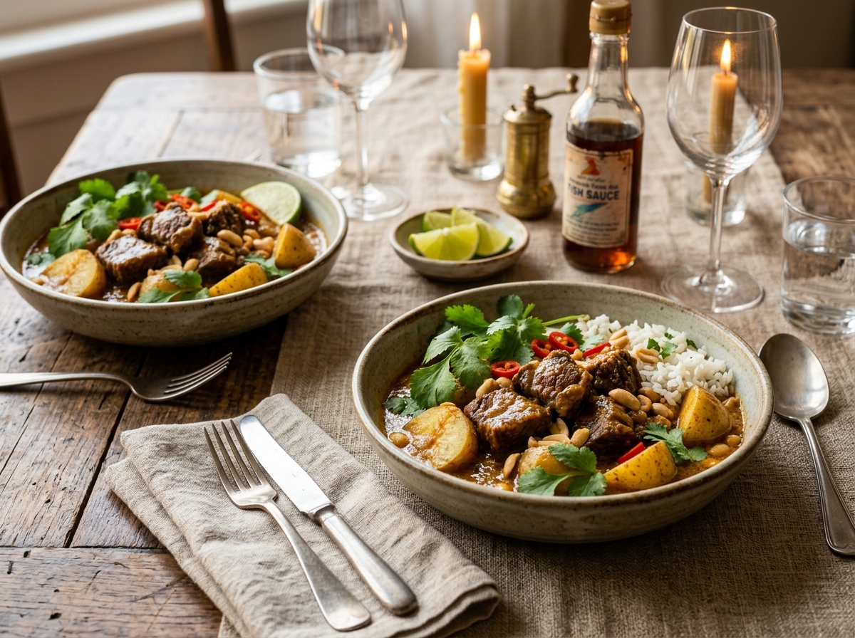 Two bowls of Massaman beef curry with jasmine rice, cilantro, and lime wedges on a linen-covered table