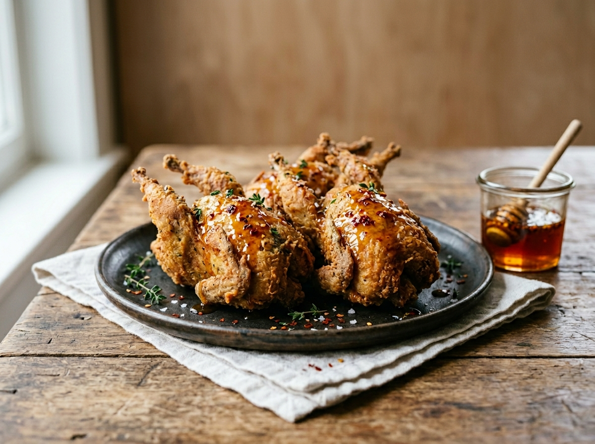 Crispy buttermilk fried quail on a dark plate drizzled with chili hot honey and flaky salt