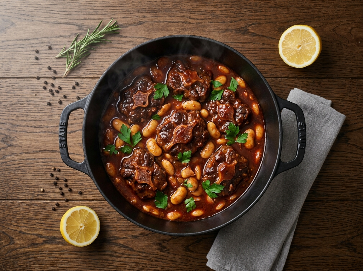 Braised oxtail with butter beans in a cast iron Dutch oven with glossy red wine sauce and parsley