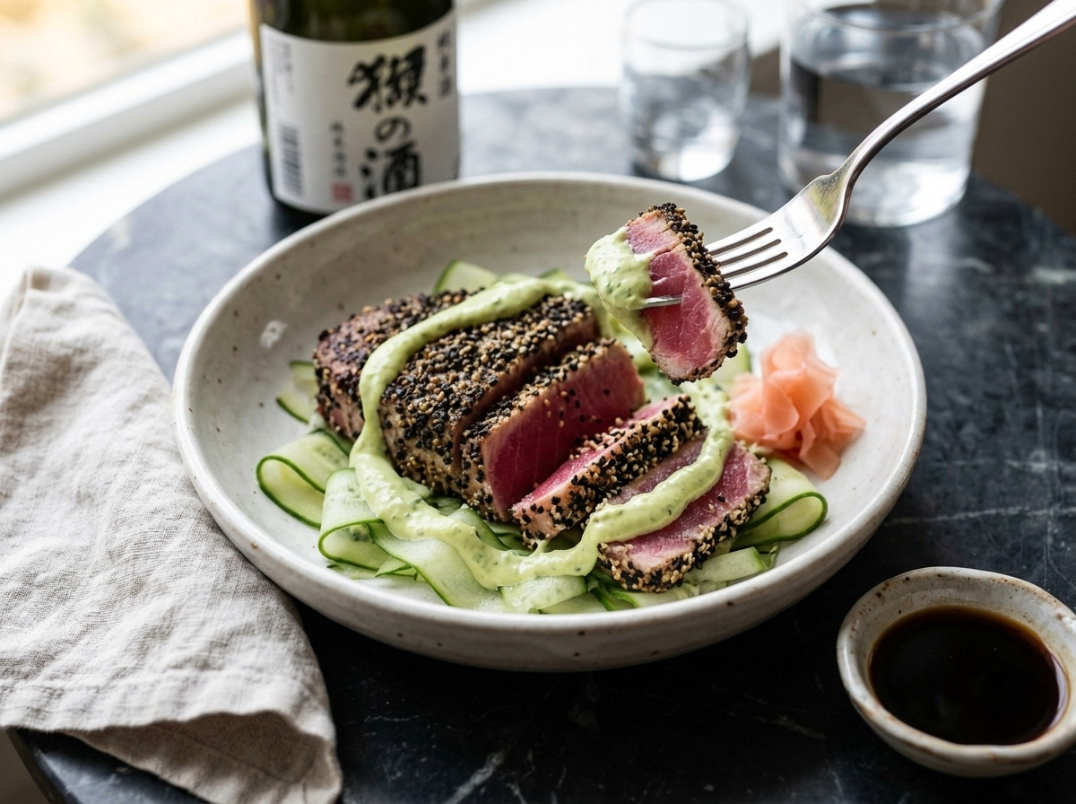 Seared tuna slices over cucumber ribbons in a shallow bowl with wasabi avocado cream drizzle