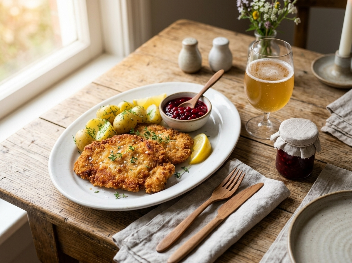 Plated crispy pork schnitzel with lingonberry sauce and dill potatoes on a linen-set dining table