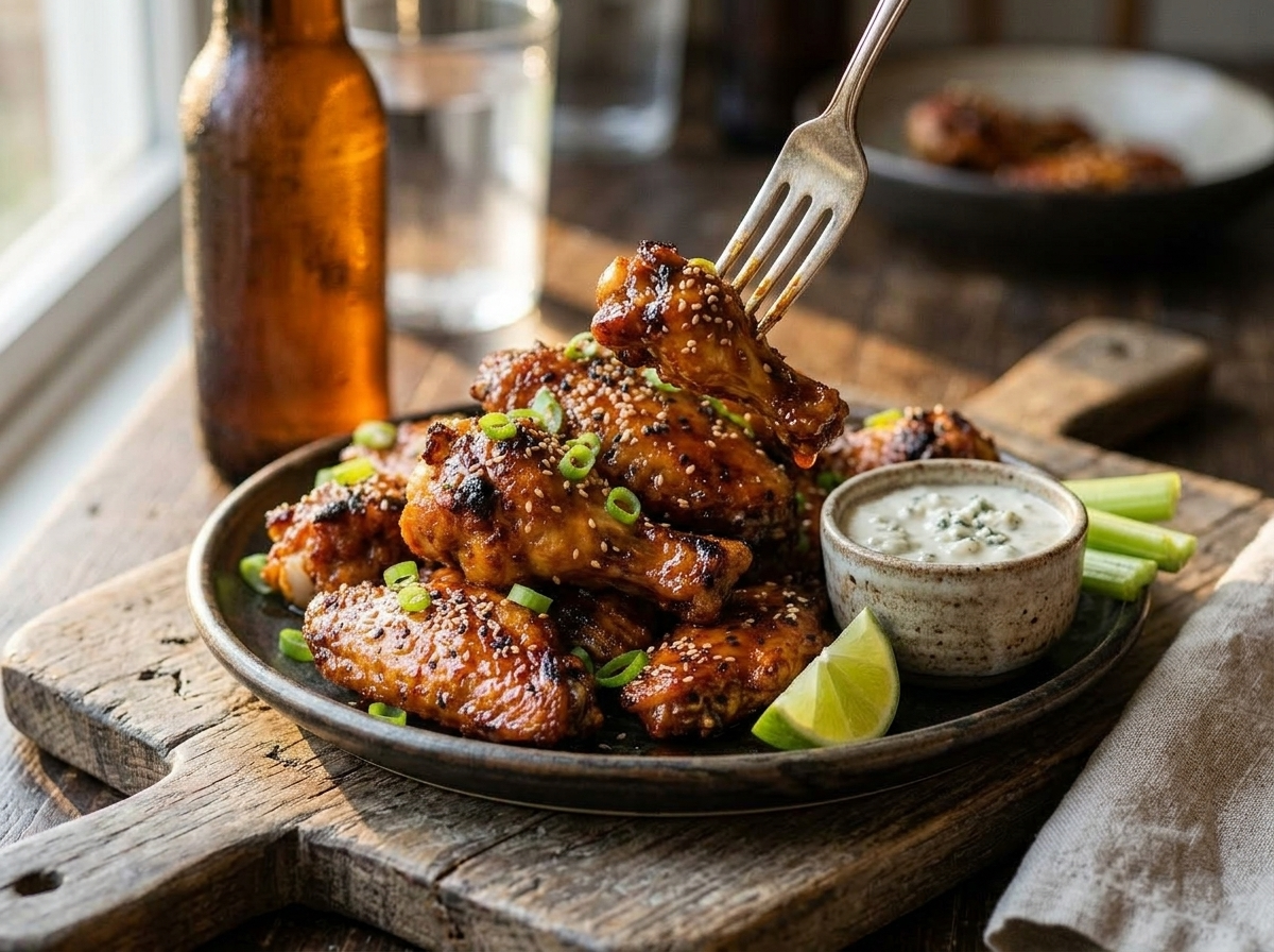 Honey sriracha chicken wings on a wooden board with celery sticks and blue cheese dip at a casual table