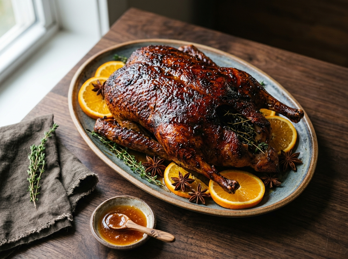 Whole roasted duck with orange and star anise glaze on an oval platter, mahogany crisp skin, orange slices and star anise garnish