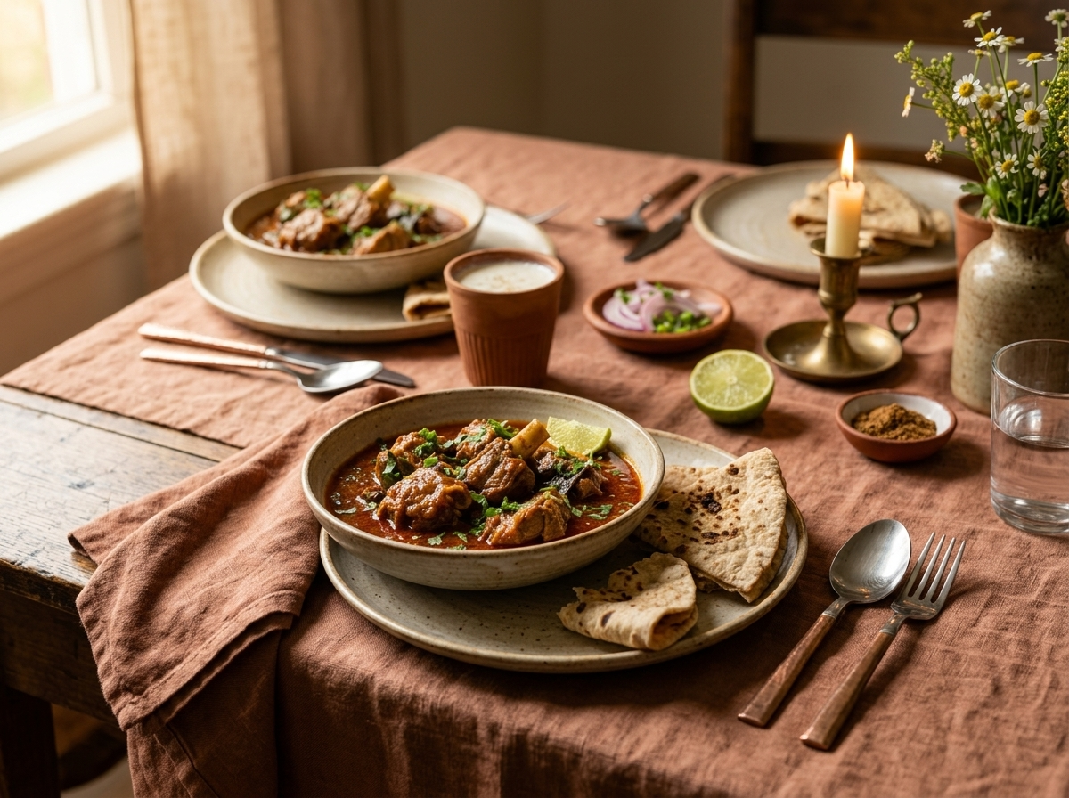 Plated goat curry with torn roti, a glass of lassi, and lime wedge on a rustic linen tablecloth