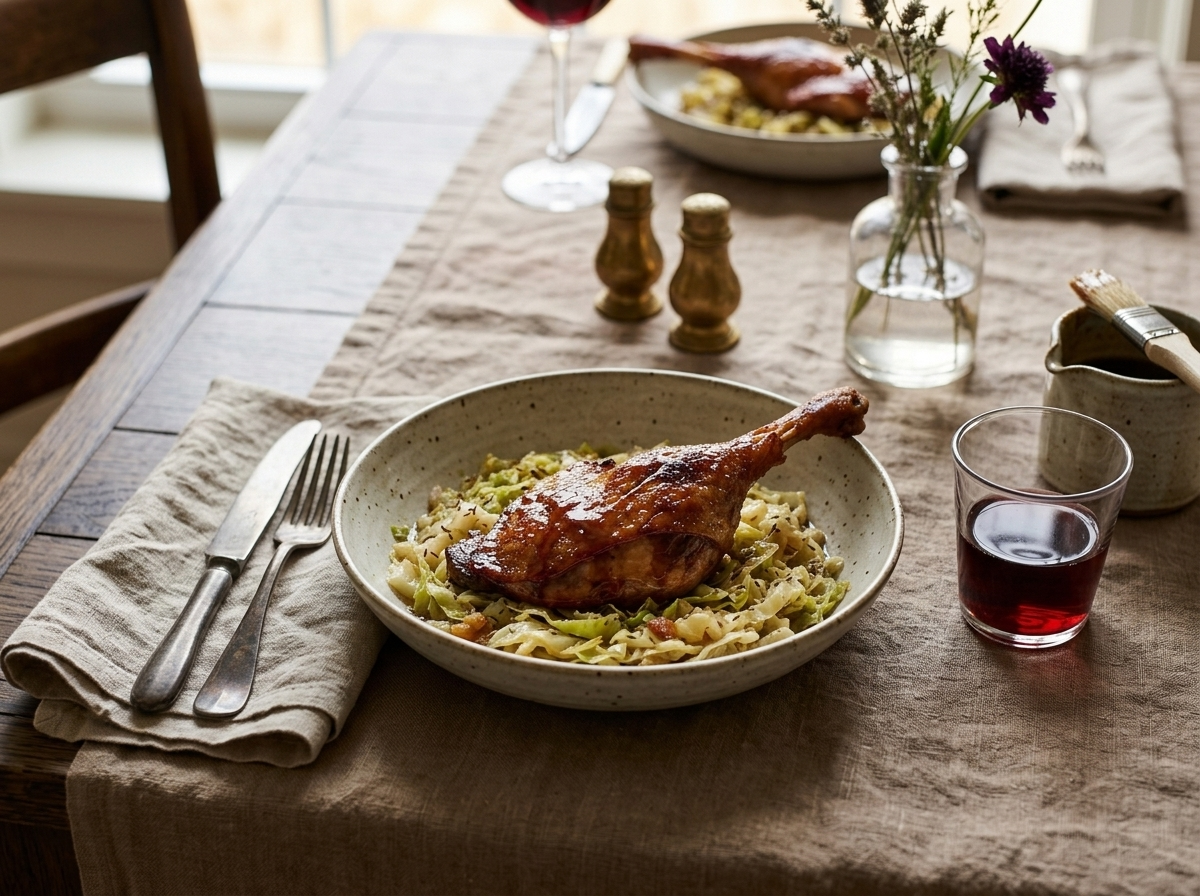 Plated honey glazed duck leg on braised cabbage in a shallow bowl with a glass of red wine alongside