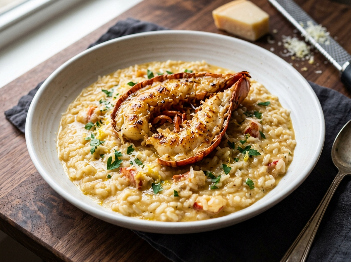 Creamy garlic butter lobster risotto in a white bowl with seared lobster tail and Parmesan sheen