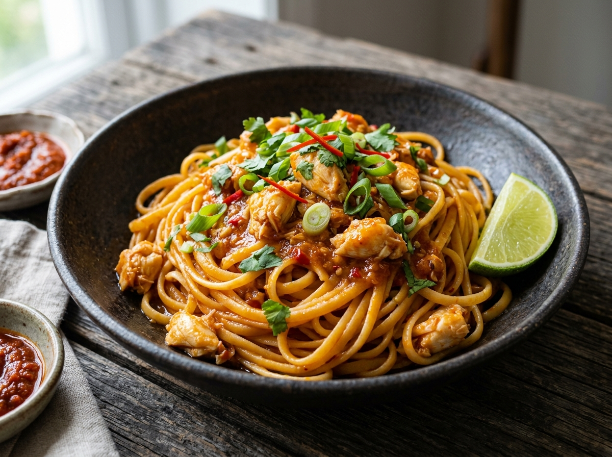 Chili crab linguine in a dark ceramic bowl with sambal tomato sauce, lump crab meat, spring onion, and lime wedge