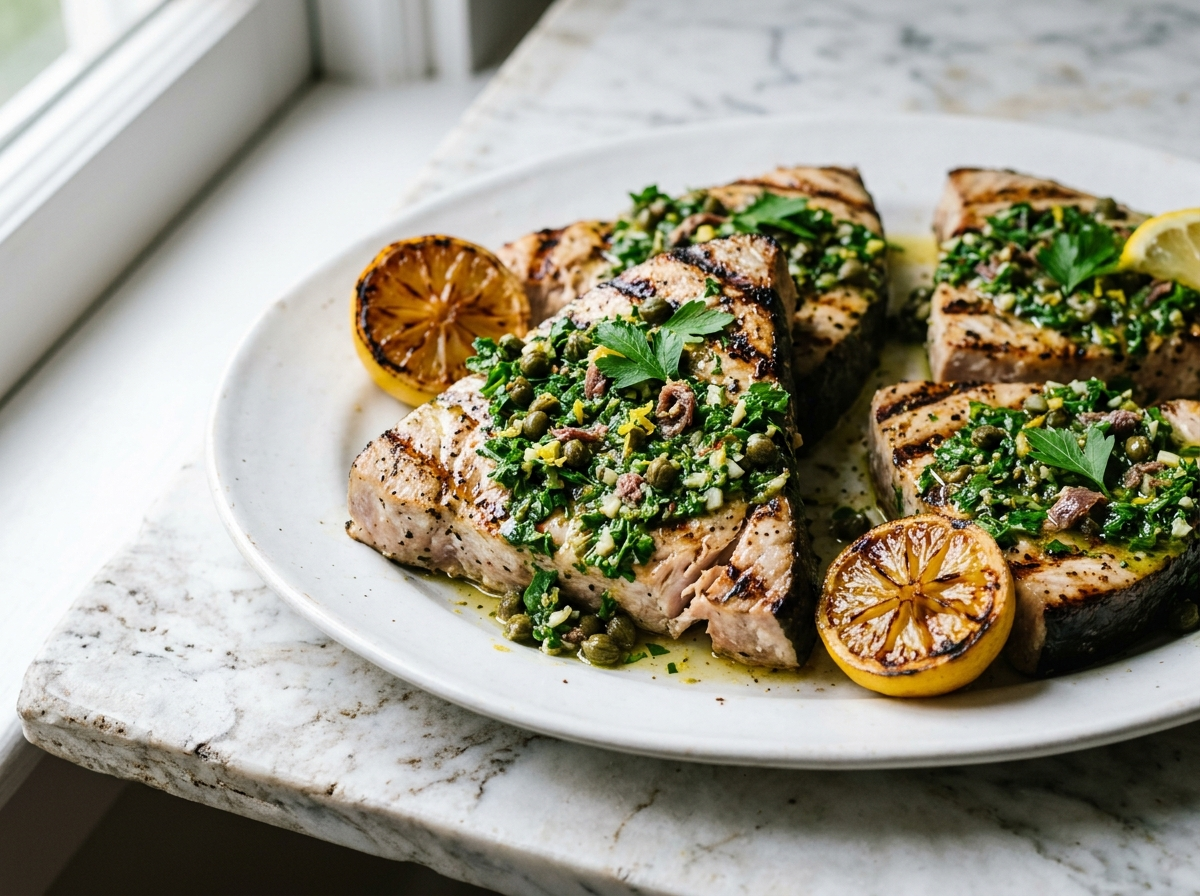 Grilled swordfish steaks on a white platter topped with green parsley and caper salsa verde and charred lemon halves