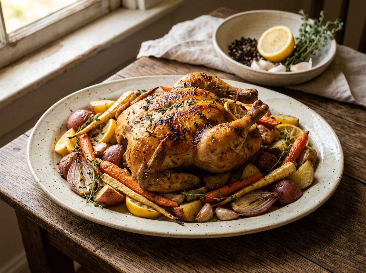 Whole lemon garlic roast chicken on a platter with caramelized carrots, parsnips, and potatoes and fresh thyme