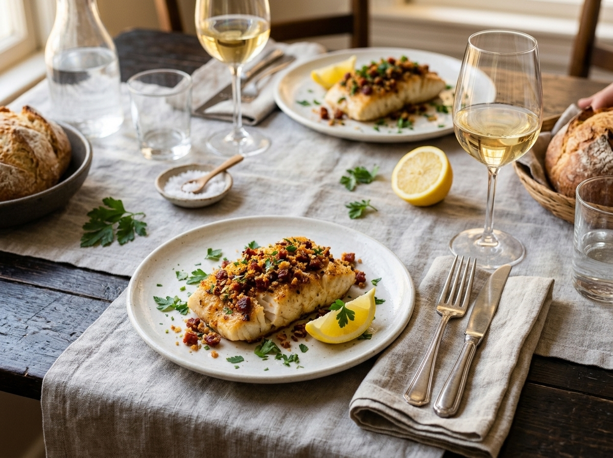Two servings of pan roasted cod with chorizo crumb on a linen-set table with white wine and lemon