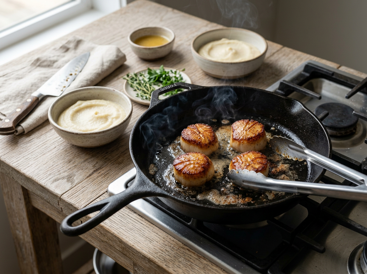 Sea scallops developing a deep golden-brown crust while searing in a hot cast iron skillet with butter