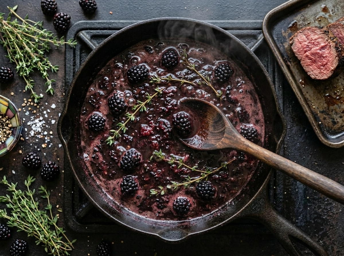 Blackberry jus reducing in a cast iron skillet with crushed berries and wooden spoon visible during cooking