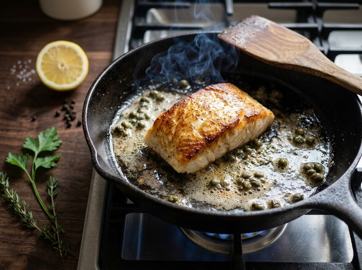 Halibut fillet searing in a cast iron skillet with capers and browning butter visible in the pan