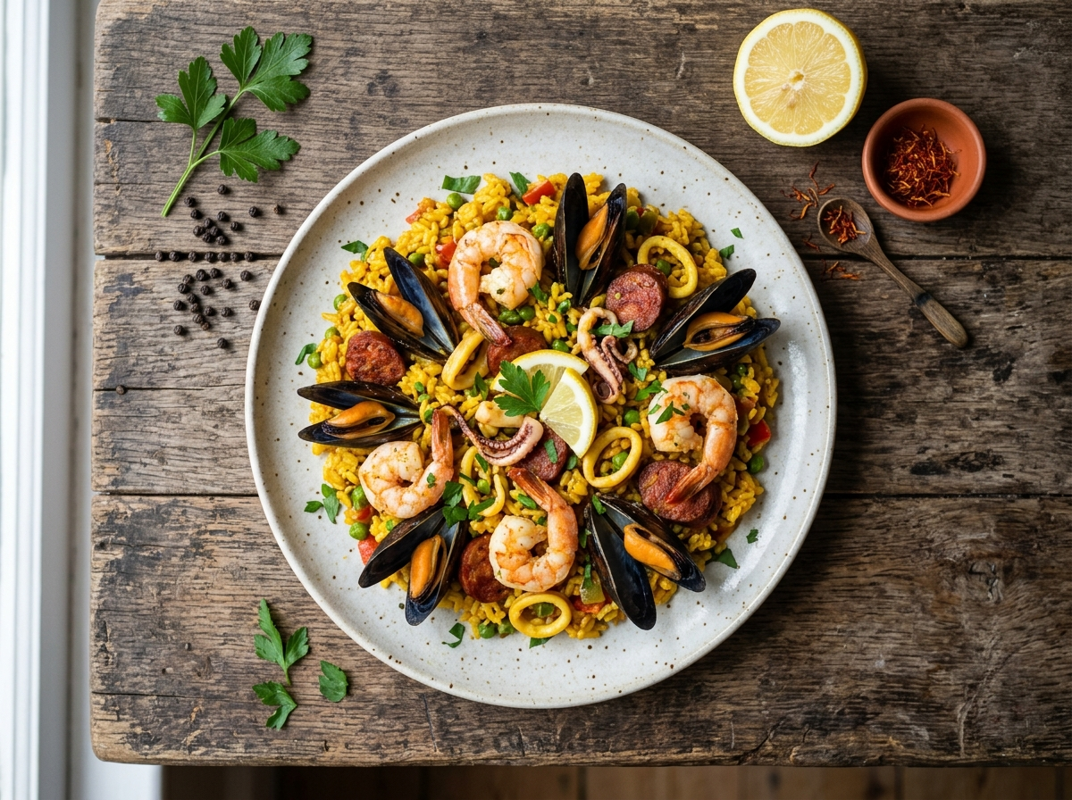 Saffron seafood paella with chorizo, open mussels, shrimp, and squid in a wide shallow pan on a wooden table.