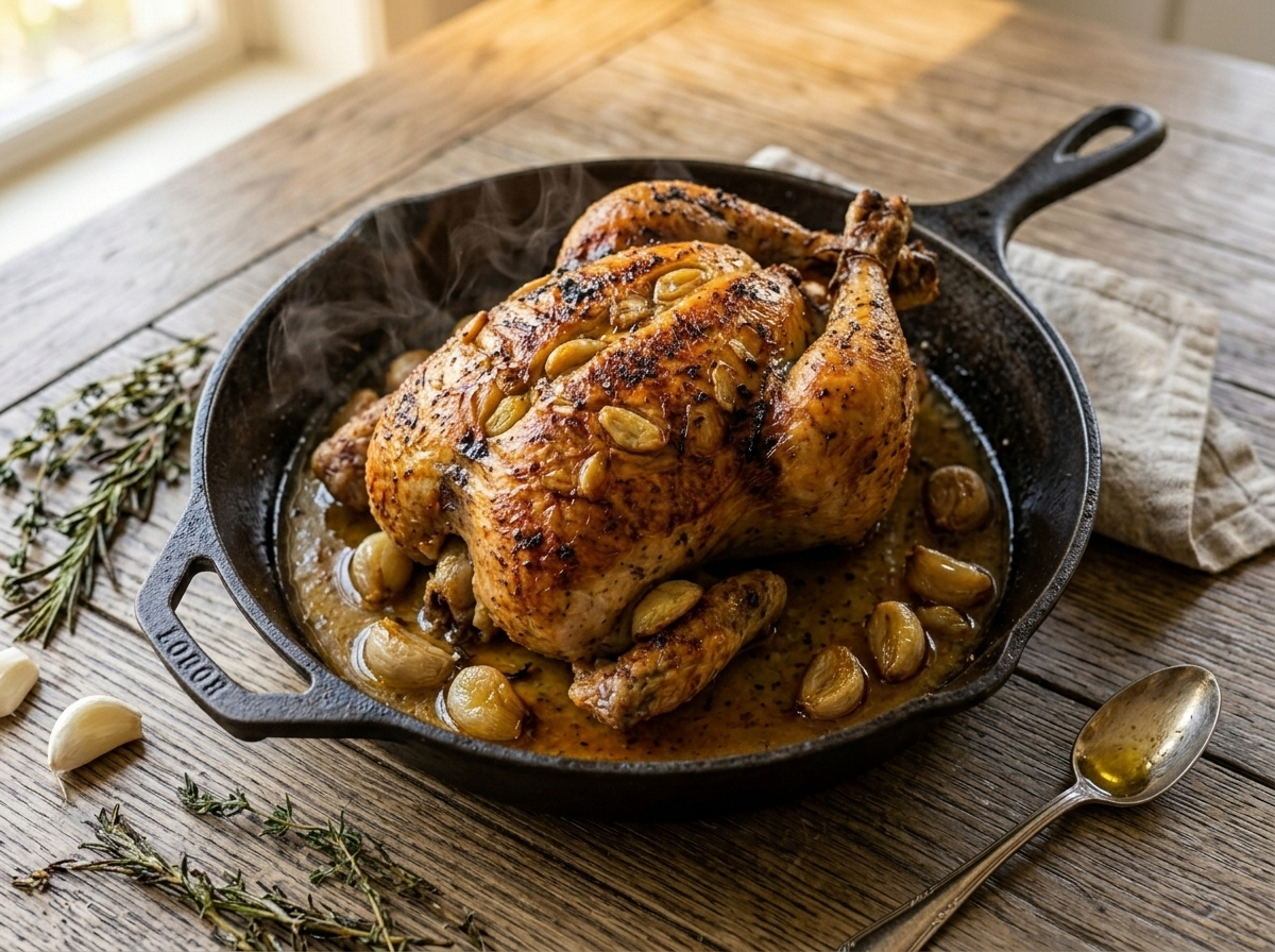 Chicken roasting in a cast-iron skillet with garlic confit cloves around the base and blistered golden skin forming