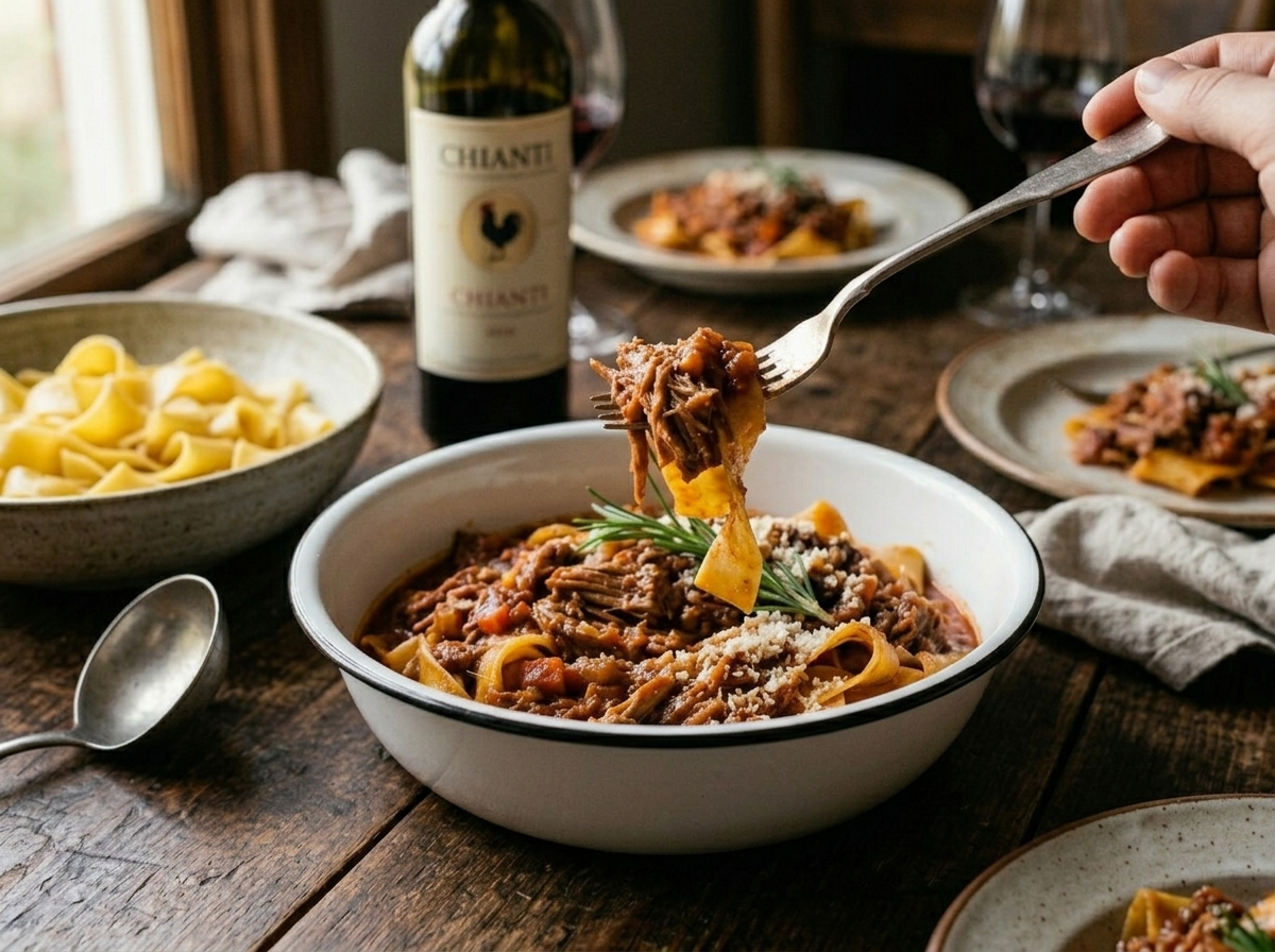 Farmhouse table with a serving bowl of pork shoulder ragu, pappardelle pasta, and a bottle of red wine
