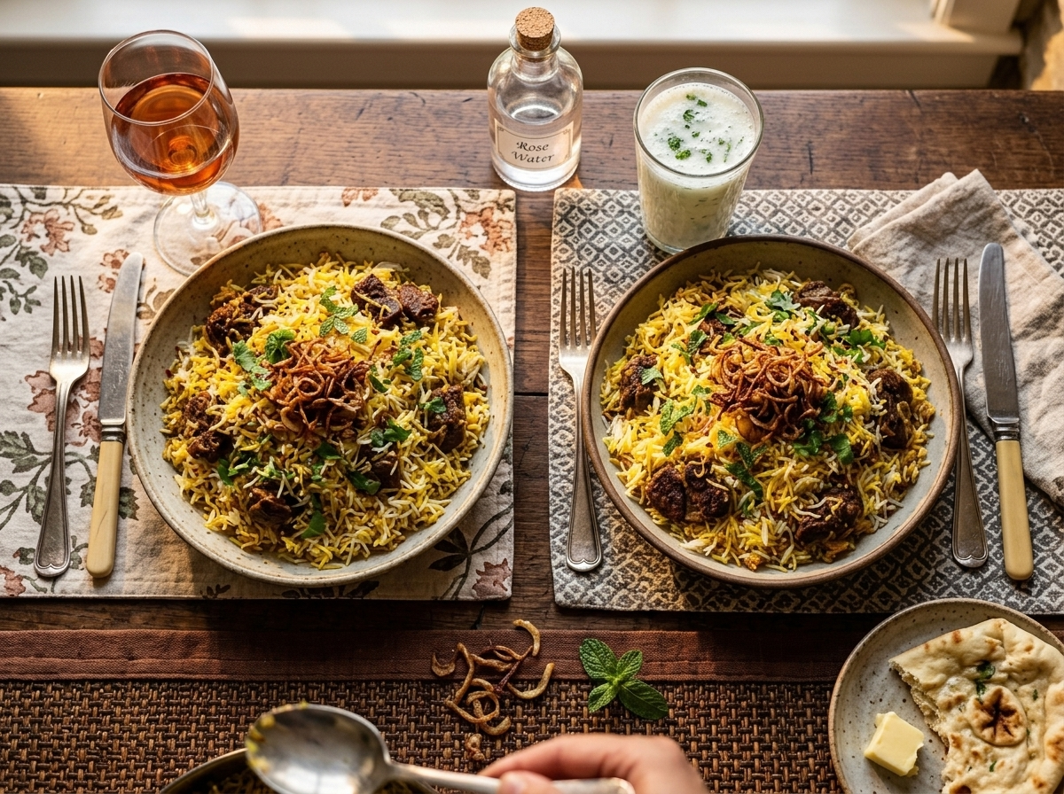 Two bowls of lamb biryani with crispy shallots at a linen table with mint lassi and rose water