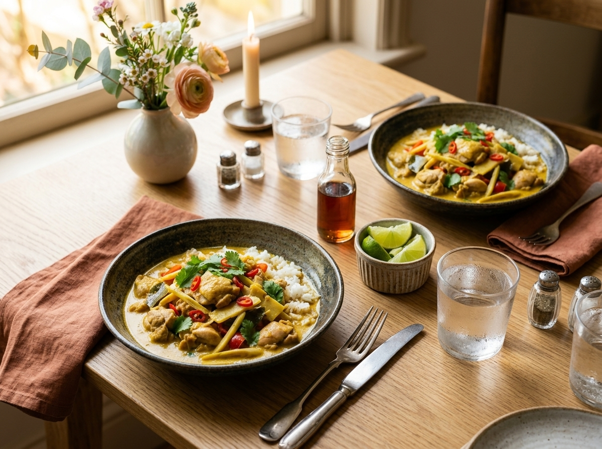 Two bowls of lemongrass coconut chicken curry over rice on a dining table with lime wedges and fish sauce