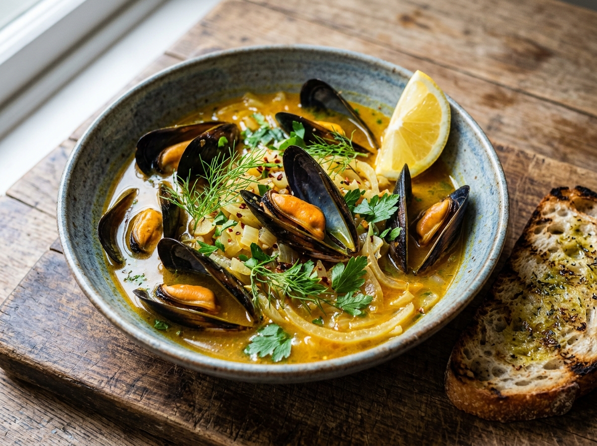 Deep bowl of saffron mussel and fennel stew with golden broth, open mussels, and fennel frond garnish on a wooden board