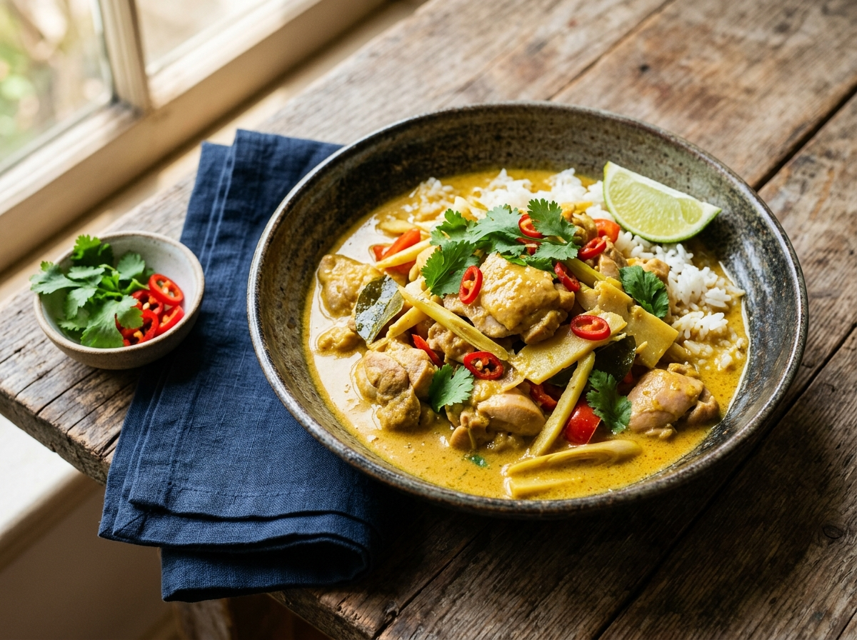Lemongrass coconut chicken curry in a ceramic bowl with golden sauce, cilantro, and lime wedge over jasmine rice