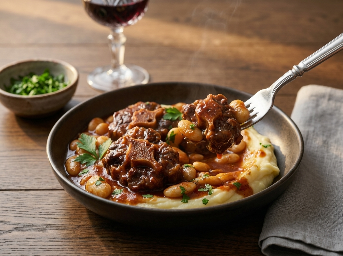 Bowl of braised oxtail and butter beans over mashed potatoes with a glass of red wine alongside