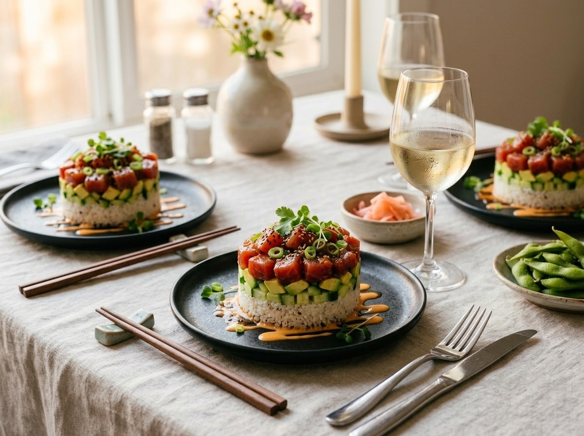Two spicy tuna poke stacks on a linen-set table with pickled ginger, edamame, and a glass of Riesling