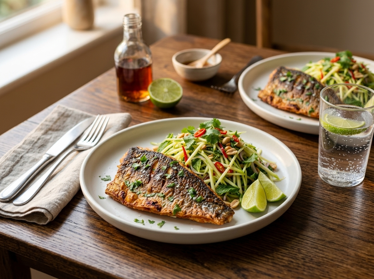 Two plates of pan-seared snapper with green mango salad on a wooden table with lime and fish sauce