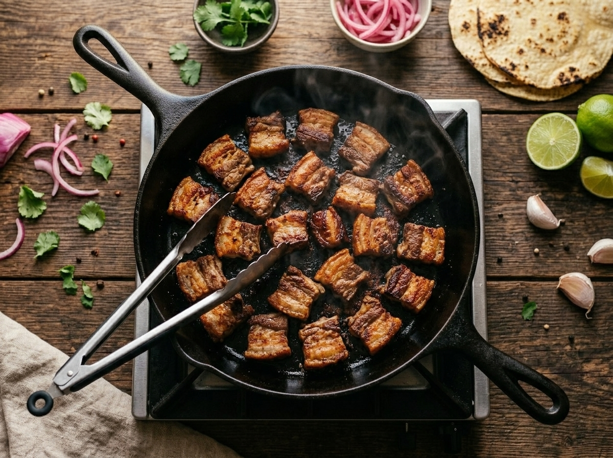 Shredded pork shoulder crisping in a cast-iron skillet with browned edges forming during cooking