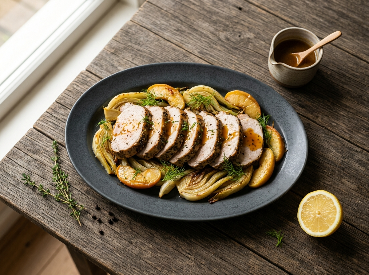 Sliced roasted pork loin arranged over caramelized fennel wedges and apple slices on a dark ceramic platter with pan sauce
