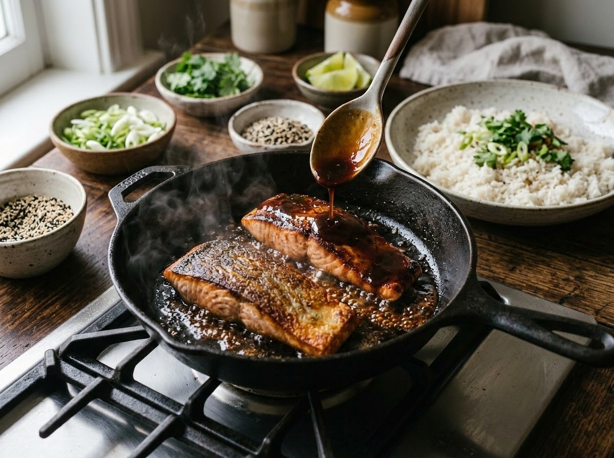 Salmon fillets searing in cast iron skillet with tamarind glaze being spooned over the top mid-cook