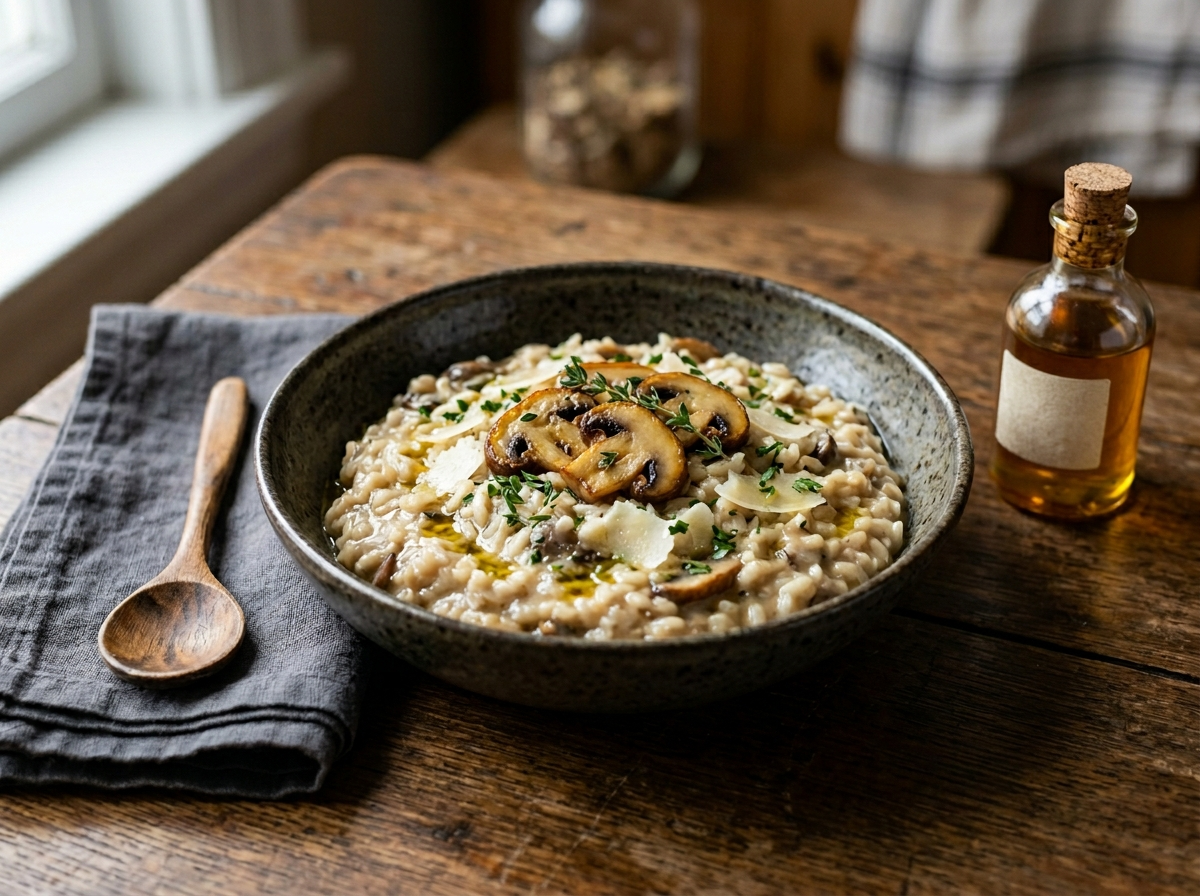 Wide shallow bowl of wild mushroom and truffle risotto topped with Parmesan shavings and fresh parsley on a dark linen surface