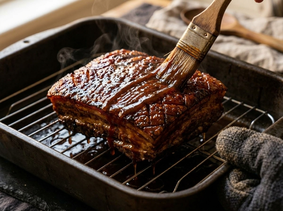Pastry brush applying thick maple bourbon glaze over scored crispy pork belly skin on a wire rack in a roasting pan.