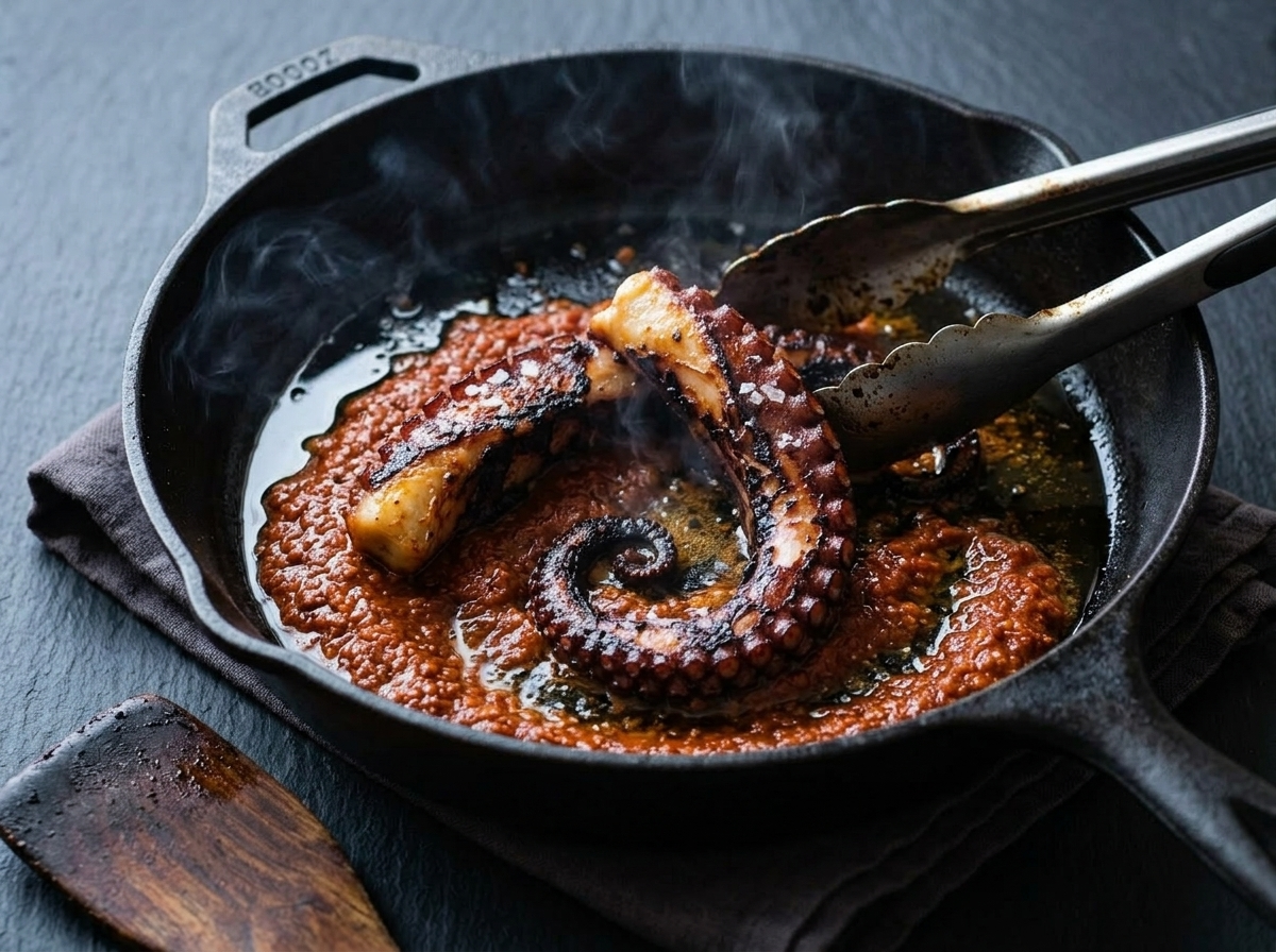 Octopus arms searing in a cast iron skillet with visible char marks and smoke rising from the pan