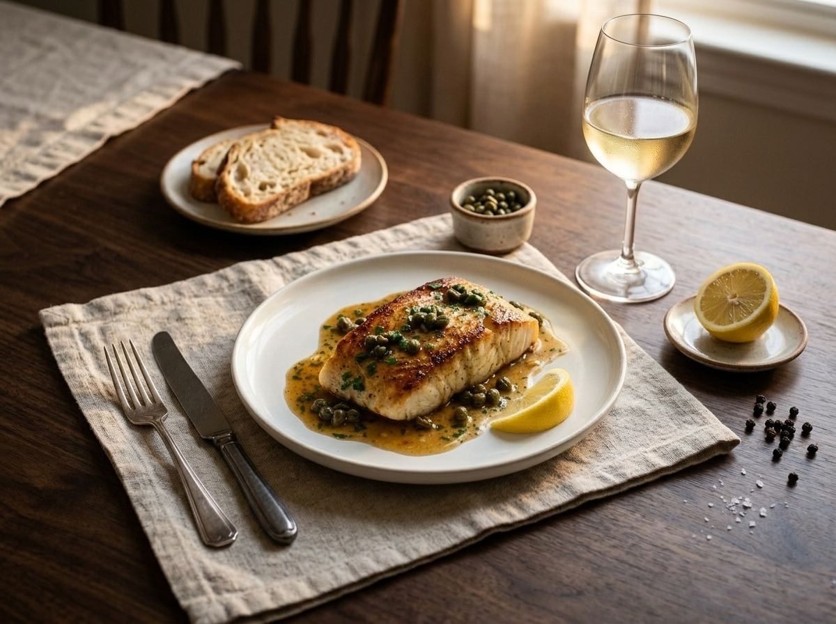 Plated pan roasted halibut with brown butter capers served on a linen table with a glass of white wine